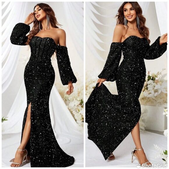 NWT Giffniseti Off Shoulder Lantern Sleeve Split Thigh Sequin Formal Dress - Picture 1 of 16